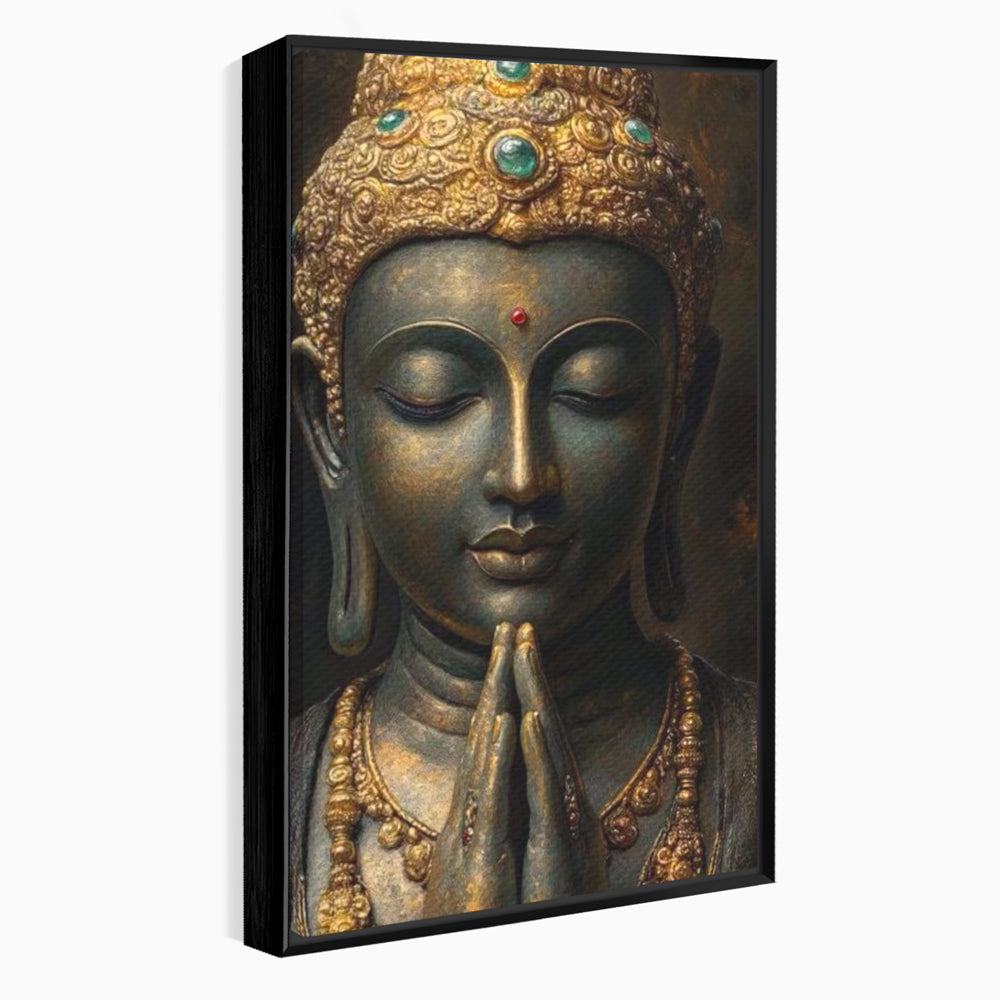 Tablou canvas cu tablou canvas cu buddha in rugaciune, in rama de aluminiu negru